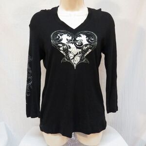 Seven 7 Graphic Hoodie Top Black Long Sleeve Heart Womens Size M